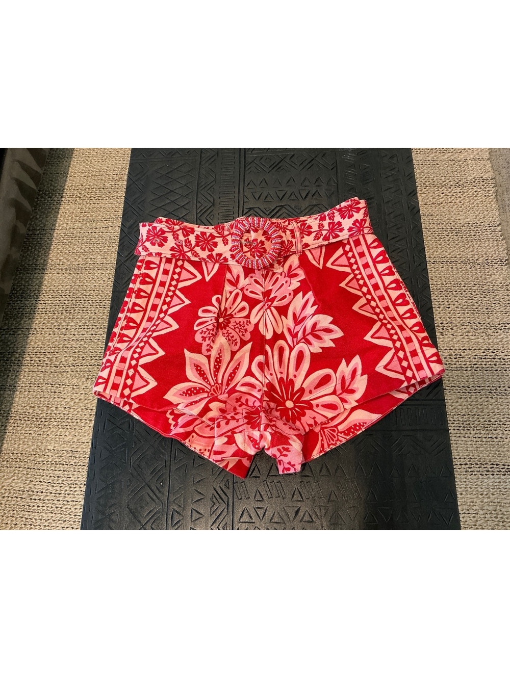 Farm Rio Red and Pink Floral High Waist Shorts with Beaded Belt